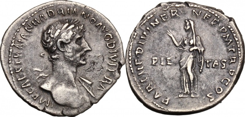 Hadrian (117-138). AR Denarius, 117 AD. D/ Bust right, laureate, slight drapery ...