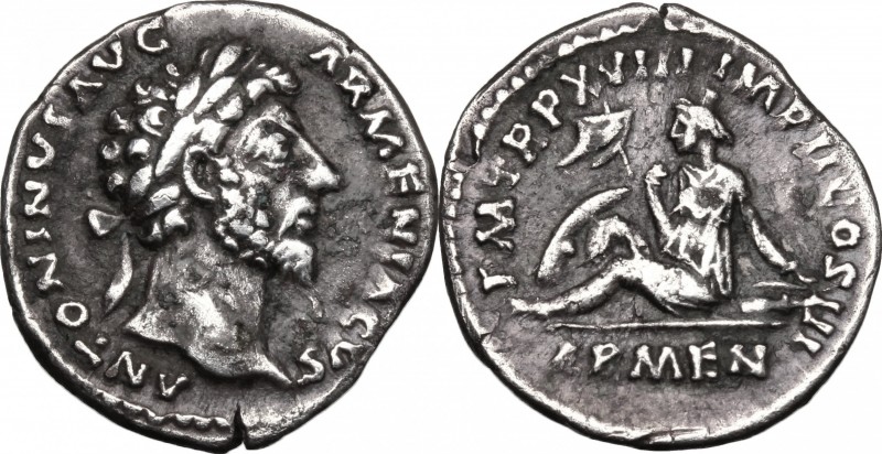 Marcus Aurelius (161-180). AR Denarius, 163-164. D/ Head right, laureate. R/ Arm...