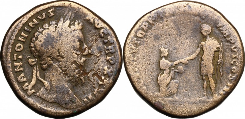 Marcus Aurelius (161-180). AE Sestertius, 172-173. D/ Head right, laureate. R/ E...