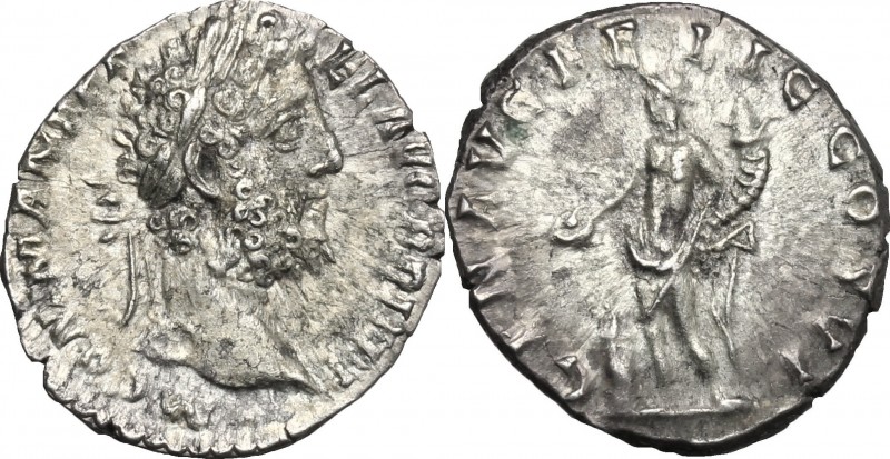 Commodus (177-193). AR Denarius, 190-191. D/ Head right, laureate. R/ Genius sta...