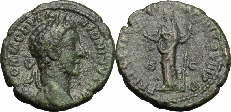 Commodus (177-192). AE As, 181 AD. D/ Laureate head right. R/ Felicitas standing...