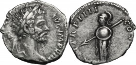 Septimius Severus (193-211). AR Denarius, 196-197 AD. D/ Laureate bust right. R/ Minerva standing left, holding spear and round shield. RIC 83. AR. g....