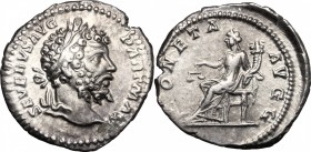 Septimius Severus (193-211). AR Denarius, 200-201. D/ Head right, laureate. R/ Moneta seated left, holding scales and cornucopiae. RIC 163. AR. g. 2.7...