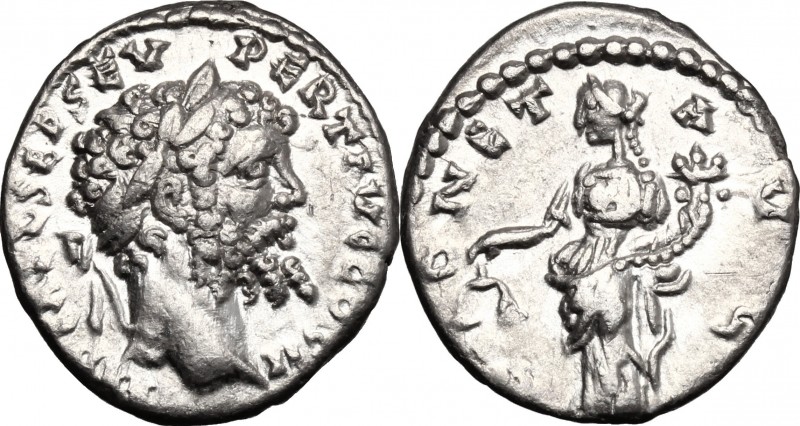 Septimius Severus (193-211). AR Denarius, 194-195. D/ Head right, laureate. R/ M...