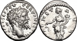 Septimius Severus (193-211). AR Denarius, 194-195. D/ Head right, laureate. R/ Moneta standing left, holding scales and cornucopiae. RIC 411A. AR. g. ...