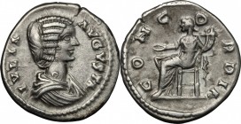 Julia Domna, wife of Septimius Severus (died 217 AD). AR Denarius, 196-202. D/ Bust right, draped. R/ Concordia seated left, holding patera and cornuc...