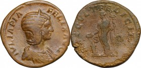 Julia Domna, wife of Septimius Severus (died 217 AD). AE Sestertius, 211-217. D/ Bust right, diademed, draped. R/ Felicitas standing left, sacrifisicn...