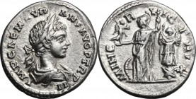 Caracalla (198-217). AR Denarius, 199 AD. D/ Laureate, draped and cuirassed bust right. R/ Minerva standing left, holding Victory and spear; at her fe...