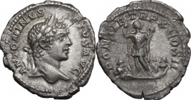 Caracalla (198-217). AR Denarius, 207 AD. D/ Laureate bust right. R/ Caracalla in military dress, standing front, head right, holding spear and parazo...