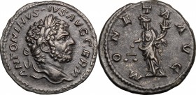 Caracalla (198-217). AR Denarius, 213-217. D/ Head right, laureate. R/ Moneta standing left, holding scales and cornucopiae. RIC 308. AR. g. 2.85 mm. ...