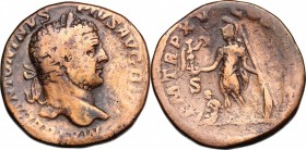 Caracalla (198-217). AE Sestertius, 212 AD. D/ Head right, laureate. R/ Mars standing left, holding Victory and resting on shield set on ground, spear...