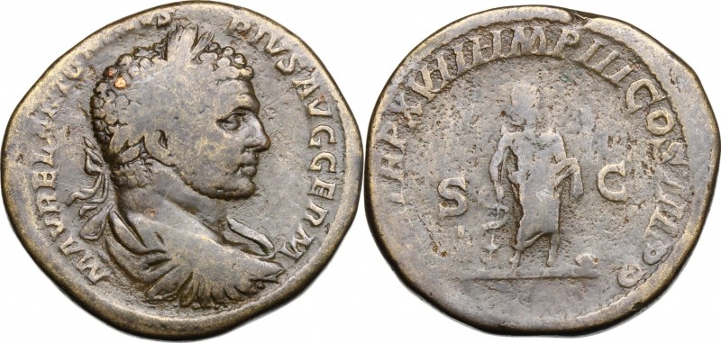 Caracalla (198-217). AE Sestertius, 215 AD. D/ Bust right, laurate, draped, cuir...