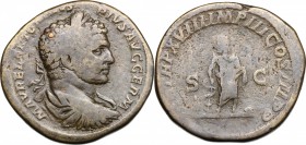 Caracalla (198-217). AE Sestertius, 215 AD. D/ Bust right, laurate, draped, cuirassed. R/ Asklepius standing facing, head left, holding serpent-entwin...