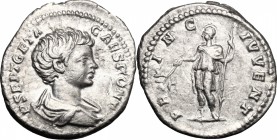 Geta as Caesar (198-209). AR Denarius, 200-202. D/ Bust right, draped, cuirassed. R/ Emperor standing left, holding branch and spear. RIC 15B. AR. g. ...