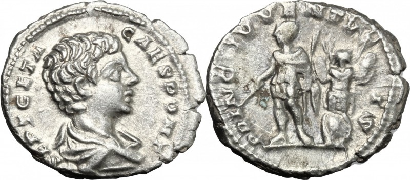 Geta as Caesar (198-209). AR Denarius, Rome mint, 201 AD. D/ Bare-headed, draped...