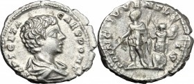 Geta as Caesar (198-209). AR Denarius, Rome mint, 201 AD. D/ Bare-headed, draped and cuirassed bust right. R/ Geta standing left in military dress, ho...