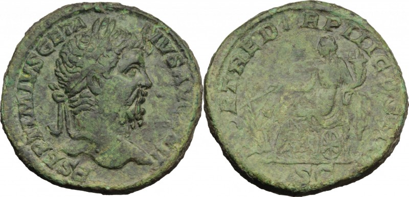 Geta (209-212). AE Sestertius, circa 211. D/ Head right, laureate. R/ Fortuna se...