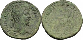 Geta (209-212). AE Sestertius, circa 211. D/ Head right, laureate. R/ Fortuna seated left, holding rudder and cornucopiae; under throne, wheel; in exe...