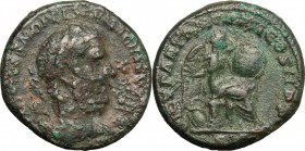 Macrinus (217-218). AE As. D/ Laureate and cuirassed bust right. R/ Victory seated right on cuirass, about to inscribe shield which rests on her left ...