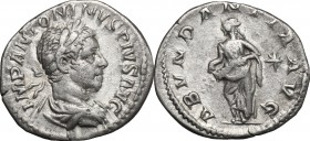 Elagabalus (218-222). AR Denarius. D/ Bust right, laureate, draped. R/ Abundantia standing left, emptying cornucopiae; to right, star. RIC 56b. AR. g....