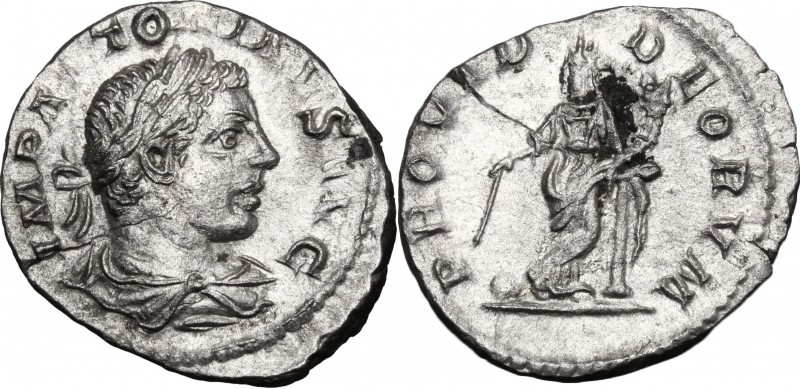 Elagabalus (218-222). AR Denarius. D/ Bust right, laureate, draped. R/ Provident...