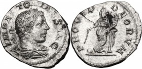 Elagabalus (218-222). AR Denarius. D/ Bust right, laureate, draped. R/ Providentia standing left, leaning on column, holding wand over globe set on gr...