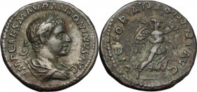 Elagabalus (218-222). AR Denarius, Struck 218 AD. D/ Laureate, draped and cuirassed bust right. R/ Victory advancing right, holding wreath and palm. R...