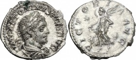 Elagabalus (218-222). AR Denarius, Rome mint, 222 AD. D/ Laureate, draped and cuirassed bust right. R/ Victory flying left, holding diadem in both han...