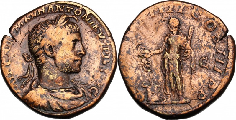 Elagabalus (218-222). AE Sestertius, 221 AD. D/ Bust right, laureate, horned, dr...