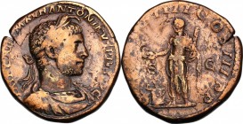 Elagabalus (218-222). AE Sestertius, 221 AD. D/ Bust right, laureate, horned, draped, cuirassed. R/ Emperor standing left, sacrificing from patera ove...