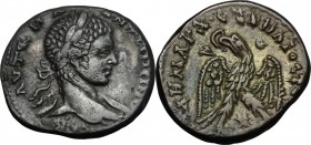 Elagabalus (218-222). BI Tetradrachm, Antioch mint. D/ Laureate and draped bust right. R/ Eagle standing facing, head left, holding wreath in beak; st...