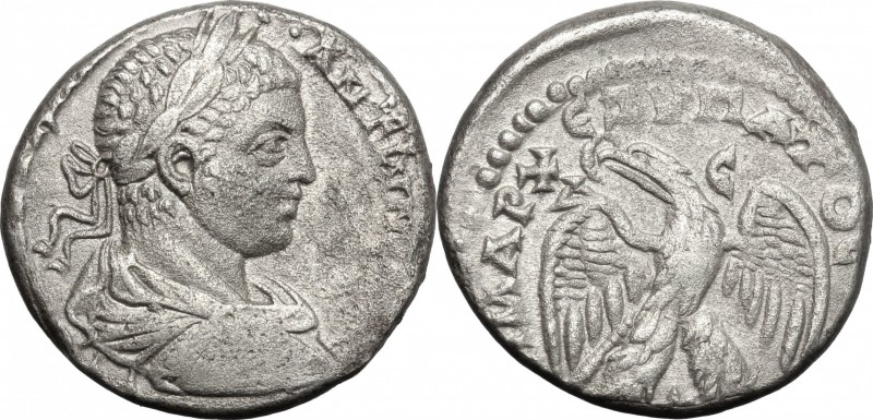 Elagabalus (218-222) (?). BI Tetradrachm, Antioch mint. D/ Bust right, laureate,...