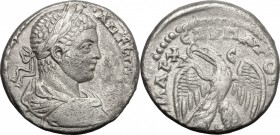 Elagabalus (218-222) (?). BI Tetradrachm, Antioch mint. D/ Bust right, laureate, beardless. R/ Eagle, standing right, head turned left, holding wreath...