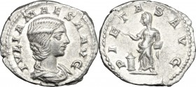 Julia Maesa, grandmother of Elagabalus (died 225 AD). AR Denarius, 218-220 AD. D/ Bust right, draped. R/ Pietas standing left, sacrificing over altar ...