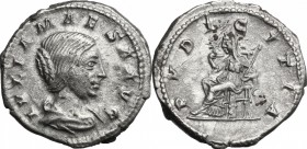 Julia Maesa, grandmother of Elagabalus (died 225 AD). AR Denarius, struck under Elagabalus, 218-220 AD. D/ Draped bust right,. R/ Pudicitia seated lef...