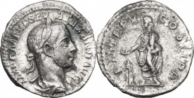 Severus Alexander (222-235). AR Denarius, 226 AD. D/ Bust right, laureate, draped. R/ Emperor standing left, sacrificing from patera over lighted trip...