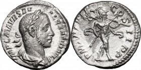 Severus Alexander (222-235). AR Denarius, 228 AD. D/ Bust right, laureate, draped. R/ Mars advancing right, holding spear and carrying trophy. RIC 73....