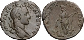 Severus Alexander (222-235 AD). AE Sestertius, 231 AD. D/ Laureate bust right, slight drapery. R/ Annona standing left, holding grain ears over modius...