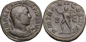 Severus Alexander (222-235). AE Sestertius, 223 AD. D/ Bust right, laureate, draped, cuirassed. R/ Sol advancing left, wearing chlamys over left shoul...