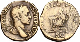 Severus Alexander (222-235). AE Sestertius, 222-231. D/ Bust right, laureate, draped on left shoulder. R/ Justitia seated left, holding patera and sce...