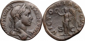 Severus Alexander (222-235). AE Sestertius, 222-231. D/ Bust right, laureate, draped on left shoulder. R/ Victory standing left, holding wreath and pa...