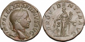 Severus Alexander (222-235). AE Sestertius, 231-235. D/ Bust right, laureate, draped on left shoulder. R/ Providentia standing left, holding corn-ears...