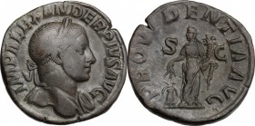 Severus Alexander (222-235 AD). AE Sestertius, 231-235 AD. D/ Laureate bust right, slight drapery. R/ Providentia standing left, holding grain ears ov...