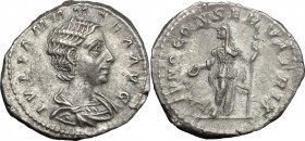 Julia Mamaea, mother of Severus Alexander (died 235 AD). AR Denarius, Rome mint, 222-235 AD. D/ Draped bust right. R/ Juno, diademed and veiled, stand...