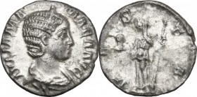 Julia Mamaea, mother of Severus Alexander (died 235 AD). AR Denarius, 225-235. D/ Bust right, diademed, draped. R/ Vesta standing left, holding pallad...