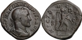 Maximinus (235-238). AE Sestertius, 236 AD. D/ Laureate, draped and cuirassed bust right. R/ Victory advancing right, holding wreath and palm branch. ...