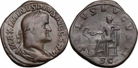 Maximinus (235-238). AE Sestertius, 236-238. D/ Bust right, laureate, draped, cuirassed. R/ Salus seated left, feeding from patera snake coiled around...