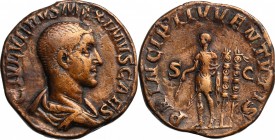 Maximus (Caesar, 235-238). AE Sestertius, 236 AD. D/ Draped and cuirassed bust right, head bare. R/ Maximus standing left, holding baton and transvers...