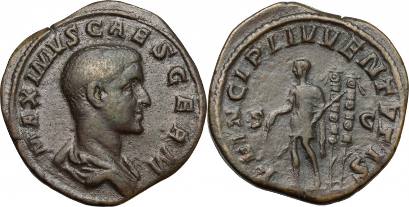 Maximus (235-238). AE Sestertius, 236-238 AD. D/ Draped bust right, head bare. R...