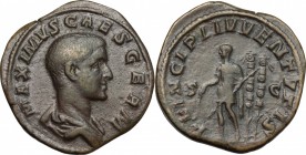 Maximus (235-238). AE Sestertius, 236-238 AD. D/ Draped bust right, head bare. R/ Maximus standing left, holding baton and spear; two standards behind...